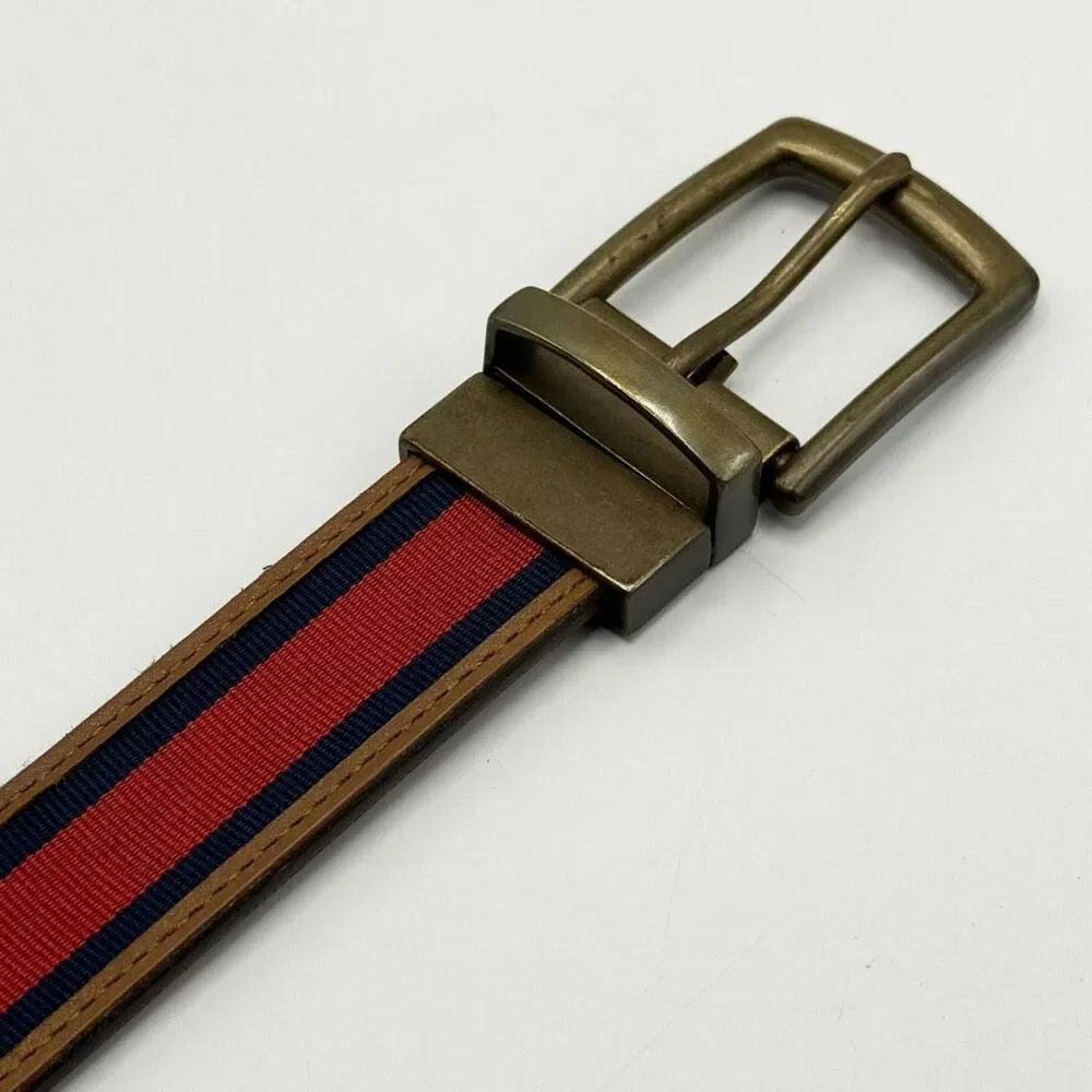 Columbia Genuine Leather Tan Belt Canvas Navy Blue Red Collegiate Men’s US 34 /
